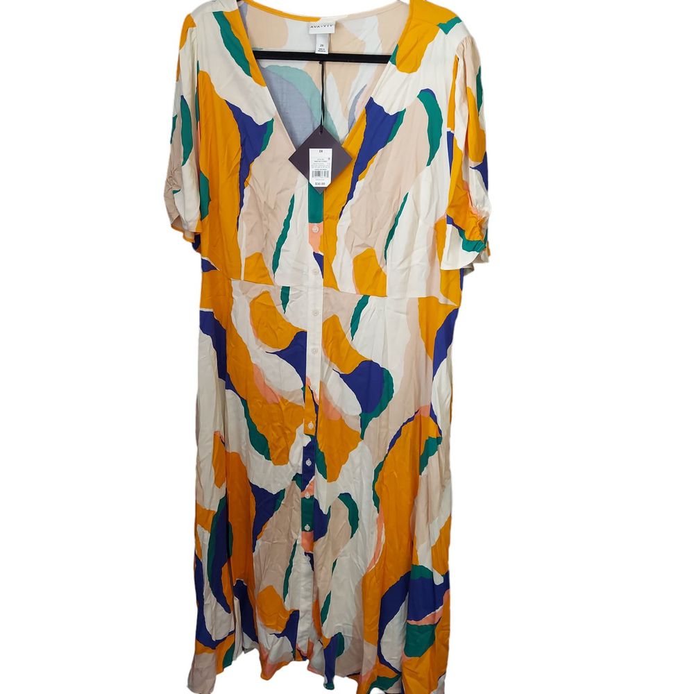 NWT Ava & Viv Women's Size 2X Short Sleeve Button Front Shirt Dress, Yellow Blue